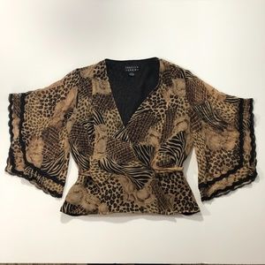 Spenser Jeremy 100% Silk Wrap Brown Animal Print Blouse